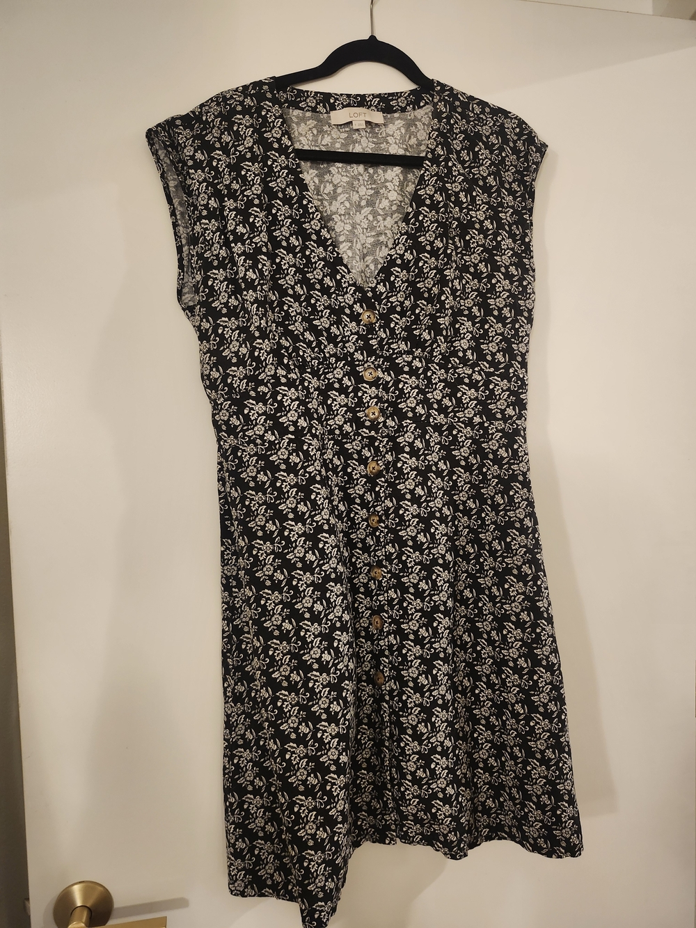 LOFT Black and White Floral V-Neck Button Dress